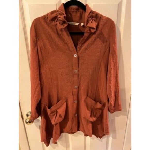 Soft Surroundings Top Womens XS Plein Art Tunic Ruffle Collar Button boho casual - Picture 9 of 9